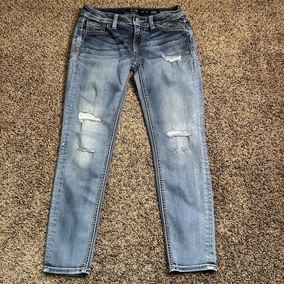 Miss Me Signature Ankle Skinny Low Rise Jeans - Distressed/Destruction Sz 27 - Picture 1 of 16